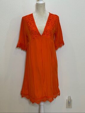 Vibrant Orange Lace Trim V-Neck Dress
